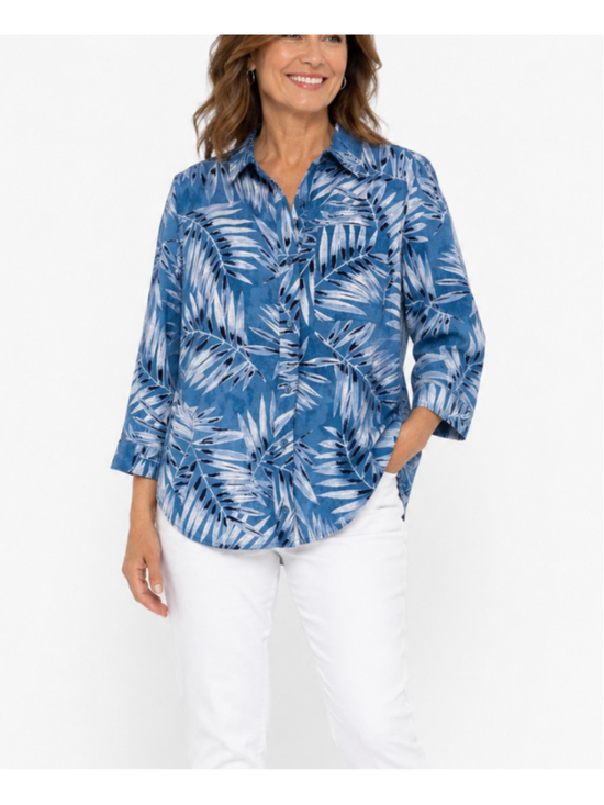 Jones New York Tops - Jones New York Small Button Down Blue Tropical Printed Linen Blend Blouse NWT